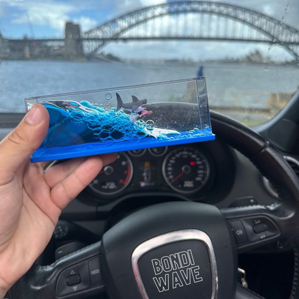 Bondi Wave Surfing Boy and Shark Box Liquid Wave Car Dashboard Accessory Fluid Drifting Home Decor