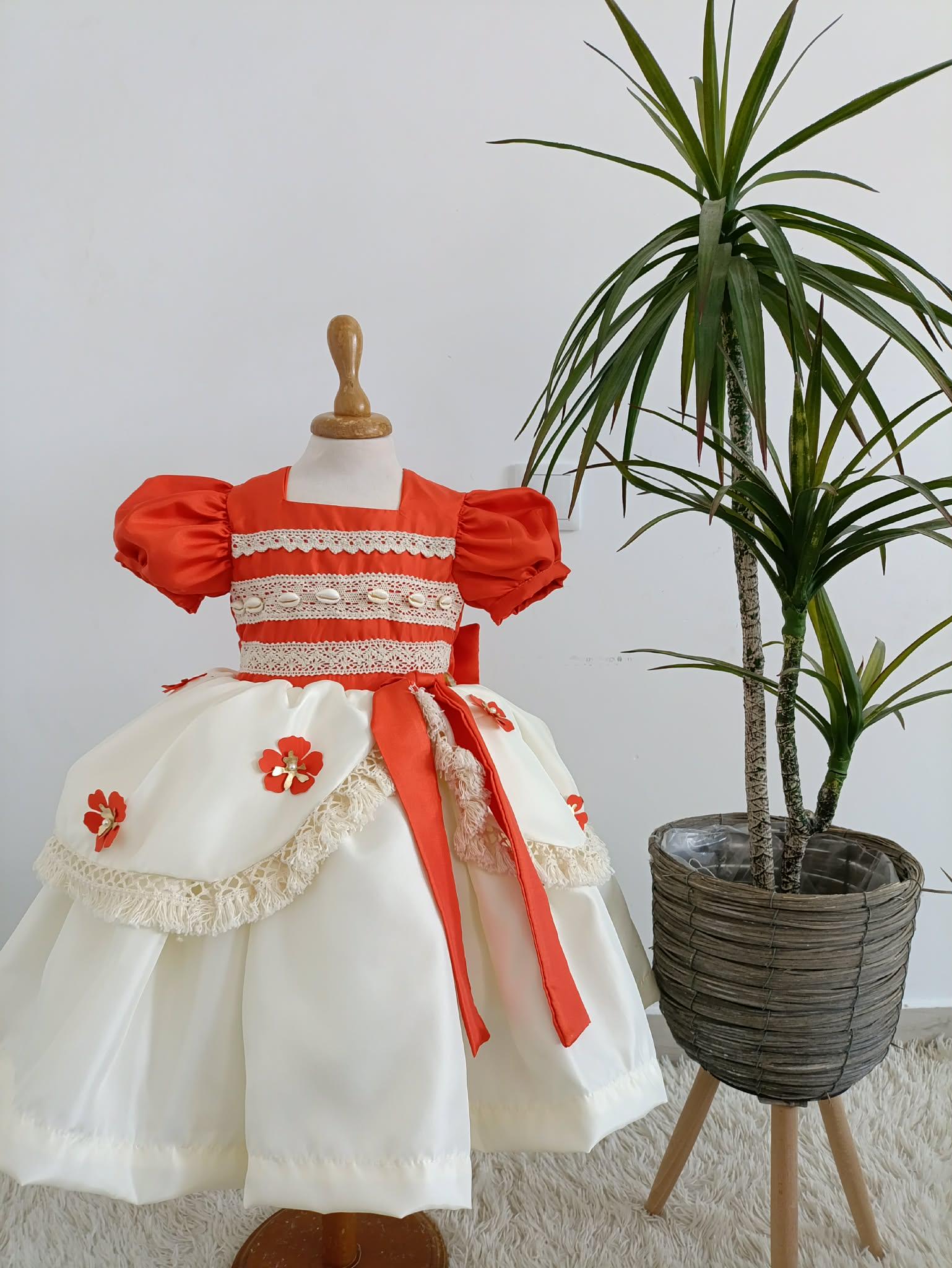 Luxury Moana Birthday Gown, Orange and Light Beige Island Princess