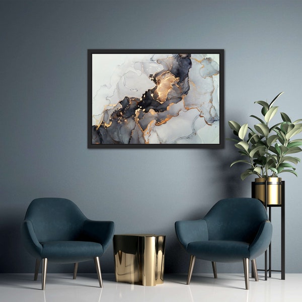 Black and Gold Marbled Art- Luxurious Home Decor, Modern Abstract Wall Art - Metallic Accents - Unique Statement Piece for Stylish Interiors