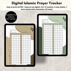 Può includere: Tracker di preghiera islamica digitale stampabile in due colori. Il tracker include un calendario con spazi per segnare le preghiere quotidiane. L'immagine mostra due versioni del tracker, una con sfondo verde e una con sfondo marrone.