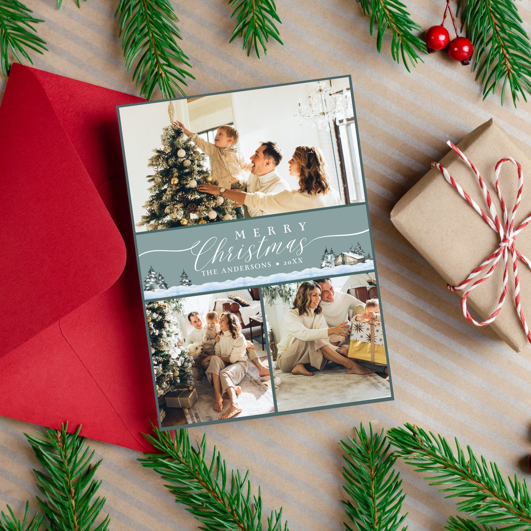 Editable Blue Christmas Card, Christmas Greeting Card With Family Photo