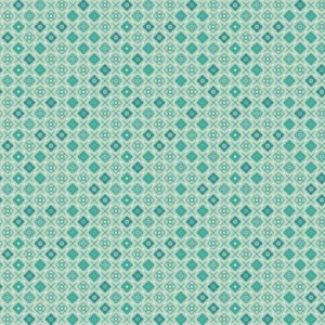 Peut inclure: Un motif géométrique répétitif composé de petites formes florales à quatre pétales bleu sarcelle foncé centrées dans des contours de losanges bleu sarcelle clair, entrecoupées de fines croix diagonales sur un fond vert menthe pâle.