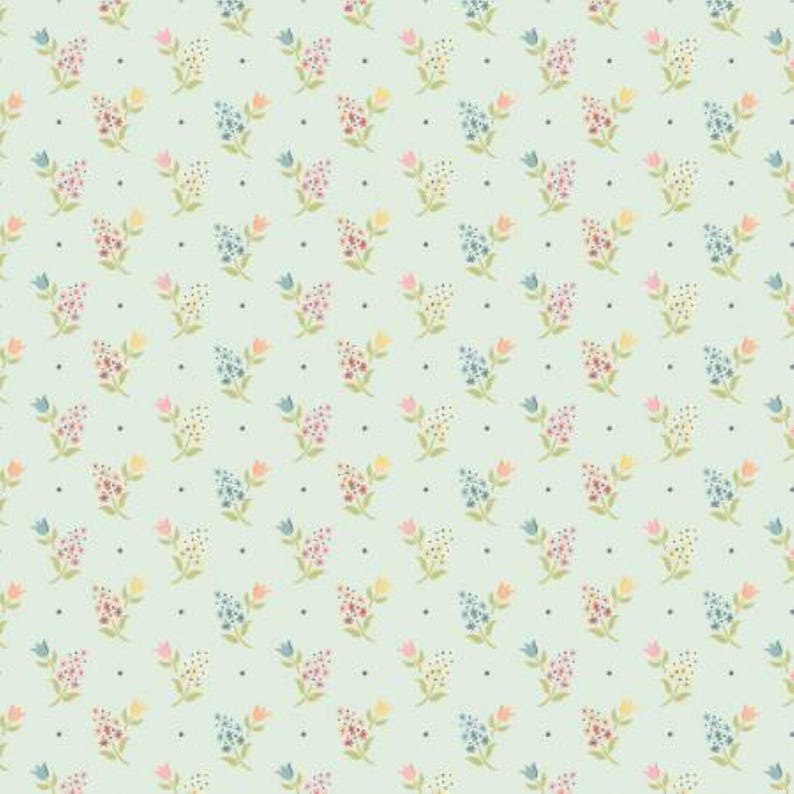 May include: A repeating pattern of small floral bouquets in pastel colors, including pink, yellow, blue, and peach, on a light green background. The design also features small black dots evenly spaced throughout the pattern. This fabric is suitable for various craft projects.