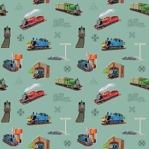 May include: A teal background with a repeating pattern of toy train illustrations. The image includes red, blue, and green trains, train stations, water towers, and railway crossing signs. Suitable for children's products.