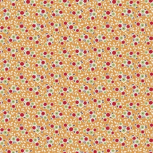 Könnte beinhalten: Nahtloses Muster mit kleinen roten und grünen Blumenclustern mit weißen Akzenten und zarten Blättern auf einem gold-orangenen Hintergrund. Das Design ist dicht gepackt und erzeugt einen strukturierten, ganzflächigen Blumendruck.