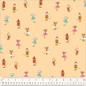 May include: A light peach-colored fabric featuring a repeating pattern of whimsical mice. Some mice are dressed in red and gold uniforms, others in pink tutus, and some are riding white toy horses. The fabric has a ruler along the bottom edge.