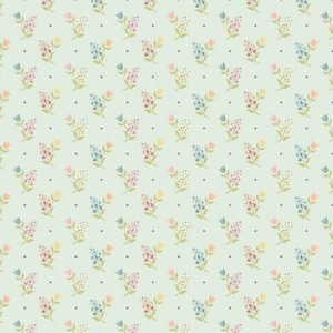 May include: A repeating pattern of small floral bouquets in pastel colors, including pink, yellow, and blue, on a light green background. The design also features small black dots evenly spaced throughout the pattern. This fabric design is suitable for various craft projects.