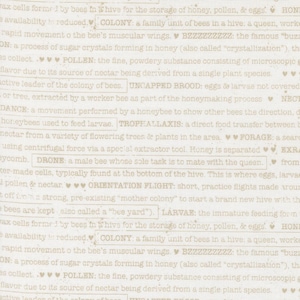 May include: A beige background with text about bees and beekeeping terms. The text includes words like "colony", "pollen", "drone", and "larvae". The text is in a serif font.