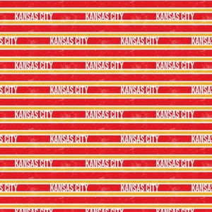 May include: A repeating pattern featuring the text "KANSAS CITY" in white, set against a red background with horizontal yellow stripes. The design is a repeating pattern, suitable for fabric or wallpaper.