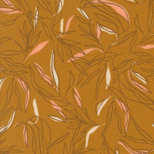 May include: Mustard-coloured fabric featuring a repeating pattern of stylised leaves. The leaves are outlined in brown and filled with white and pink accents. The fabric has a textured appearance.