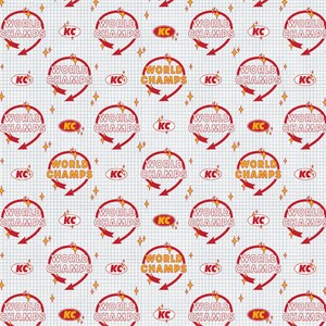 May include: A white background with a repeating pattern of red and yellow circles with the text "WORLD CHAMPS" and "KC" inside. The background is a grid pattern.