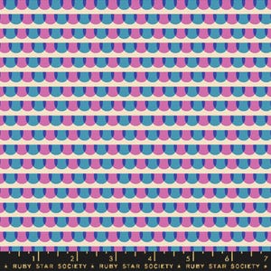 May include: A repeating pattern of blue and pink semi-circles on a cream background. The design is arranged in horizontal rows. The text "RUBY STAR SOCIETY" is at the bottom of the image.