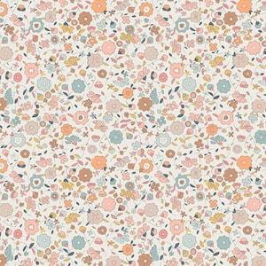 May include: A seamless pattern featuring a variety of small flowers in shades of pink, orange, blue, and brown on a white background.