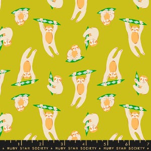 May include: A repeating pattern of sloths in various poses on a chartreuse background. The sloths are cream-colored with orange bellies and are holding green and white diamond-patterned objects. The text "RUBY STAR SOCIETY" is at the bottom.
