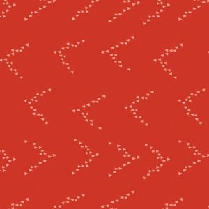 May include: A repeating pattern of white triangles arranged in a chevron design on a red background. The triangles are small and evenly spaced, creating a textured effect. The overall design is simple and modern.