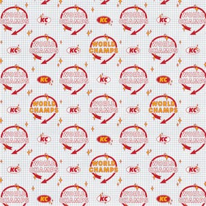 May include: A repeating pattern featuring the text "WORLD CHAMPS" in a circular design with a red arrow, and the letters "KC" in an oval. The design is in red and gold on a white grid background with star accents.