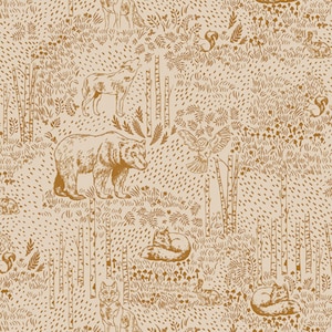 Könnte beinhalten: Beige-braunes Waldmuster mit Illustrationen von Bären, Wölfen, Füchsen, Eulen und Eichhörnchen. Das Design umfasst Bäume, Gras und gepunktete Details, die eine Waldszene schaffen.