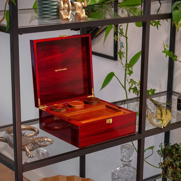 Boîte de cachette | Boîte de rangement en bois de luxe Open Your Mind® avec plateau roulant et trois pots anti-odeurs