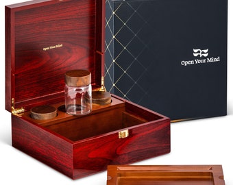 Luxuriöse StashBox, Holzaufbewahrungsbox hoher Qualität mit Rolltablett und drei luftdichte Glasbehältern. Handgefertigte Aufbewahrungsbox