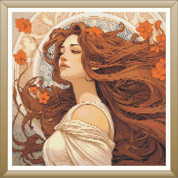 Autumn Orange Art Nouveau Style Cross Stitch Pattern, Woman With Long Red Hair In a White Dress Embroidery, Ornate Background Sewing Design