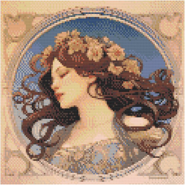 Art Nouveau Style Cross Stitch pattern, Beautiful Brunette Woman With Floral Headdress Embroidery, Botanical female Sewing Art Design