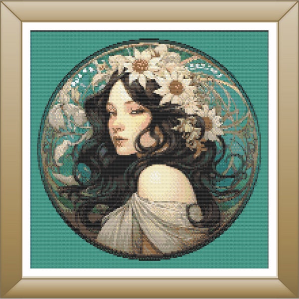 Floral Headdress Cross Stitch Pattern, Art Nouveau Inspired Embroidery, Beautiful Woman With Dark Hair Sewing Design, Bohemian Craft Artwork