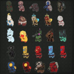 May include: A collection of twenty-five small, stylised character stickers arranged in a five-by-five grid. The figures feature diverse designs, including various colours, mechanical parts, helmets, and armour, presented in a cartoonish art style.