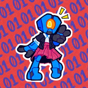 Puede incluir: Una pegatina con un personaje robot azul con una luz naranja en la cabeza, que lleva una chaqueta negra y una falda rosa. El fondo es rojo con código binario azul.