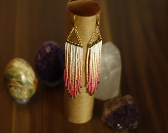 Handmade Ombre Fringe Earrings: Pink, White & Green Czech Seed Beads