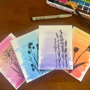 Handgemaltes Original Grußkarten-Set mit Umschlägen - Blankokarten - Aquarell und Tusche - jeder Anlass - Blumen - Strand - Wüste -