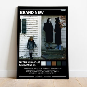 May include: A black and white album cover for the album "The Devil and God Are Raging Inside Me" by Brand New. The album cover features a photo of a young girl standing in front of a white house with two men in black coats and masks standing behind her. The album title and band name are printed in white text on a black background. The album was released in 2006.