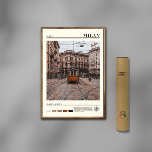 May include: A framed poster with a photograph of a street scene in Milan, Italy. The poster features a yellow tram traveling down a cobblestone street lined with buildings. The poster includes the text "MILAN" and "ITALY" in a minimalist font.