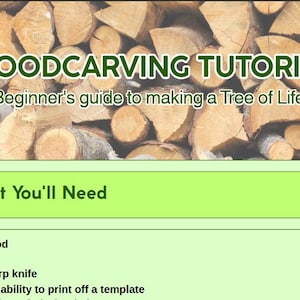 Könnte beinhalten: Grafik eines Holzschnitz-Tutorials mit dem Text "WOODCARVING TUTORIAL" und "Anfängerleitfaden zur Herstellung eines Lebensbaums". Das Bild enthält eine Liste der benötigten Artikel: Holz, Säge, scharfes Messer und die Möglichkeit, eine Vorlage auszudrucken.