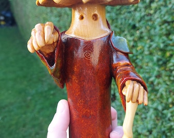 Handcarved limewood and spruce mushroom monk with beechwood cane