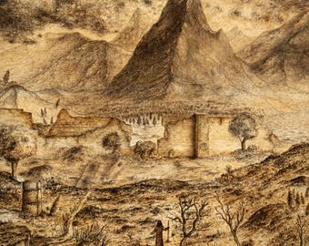 The Mountain- Digital download for wallpapers, prints - Hand-drawn Dark Fantasy Landscape Artwork - No AI