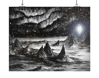 Other Worlds - Hand-Drawn Art Print – Sci-Fi Landscape Artwork - No AI