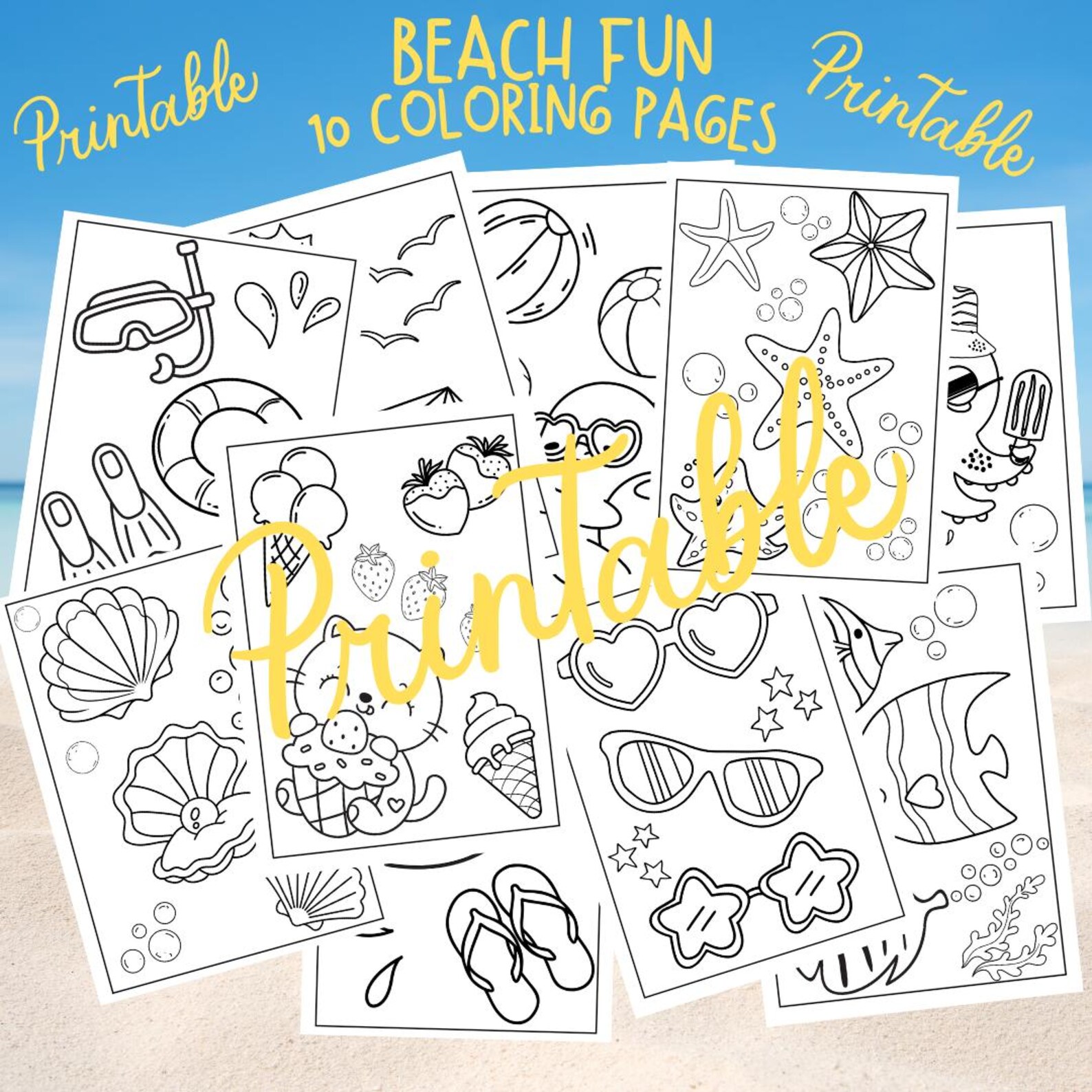 Beach Fun Coloring Pages Set | 10 Fun Coloring Pages |for Children ...