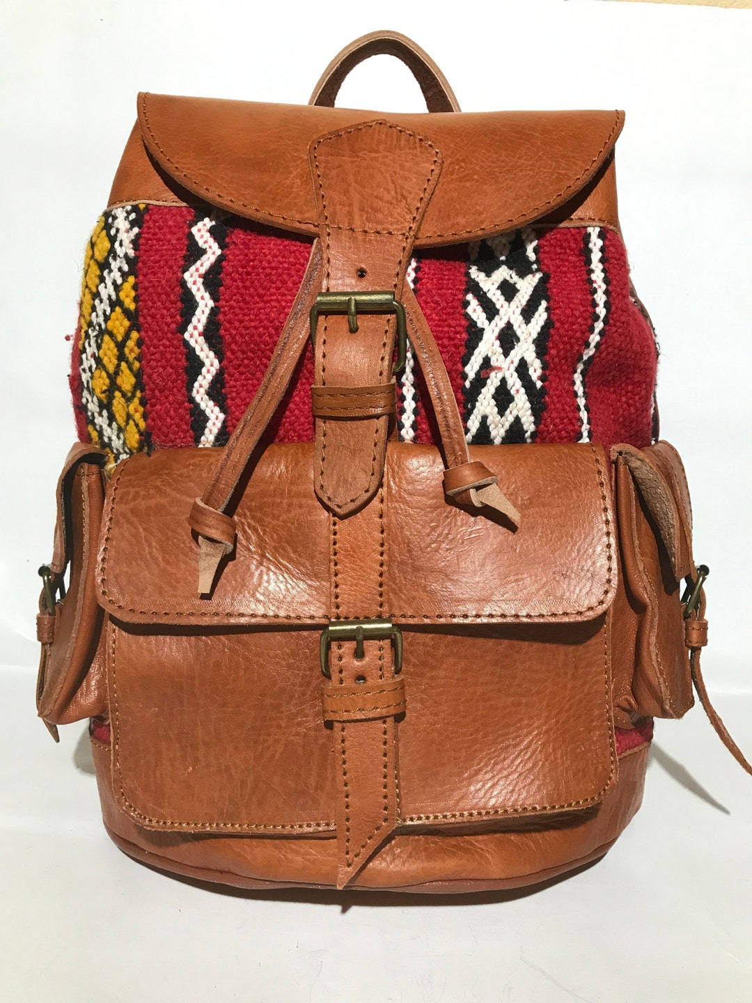 Leather Kilim Backpack, Traditional Leather Backpack, Handmade Kilim