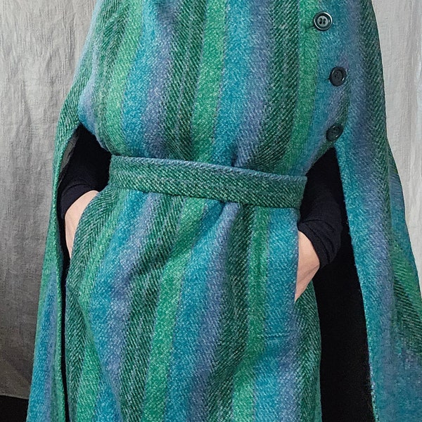 Vintage green/blue wool cape overcoat