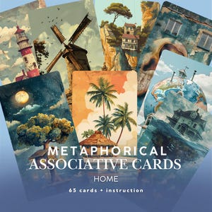 Tarjetas metafóricas "Inicio", herramienta de coaching y terapia, autorreflexión y sanación. Ilustraciones vibrantes. PDF, PNG