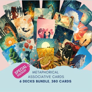Pacote de 6 baralhos de cartas metafóricas: 380 cartas MAC. Digital e imprimível, PNG/PDF. Ferramenta de coaching e terapia.