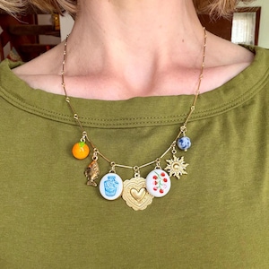 Handmade Summer Charm Necklace: Clay, Sodalite, Brass, Gold Plated