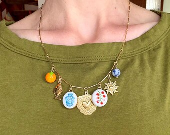 Handmade Summer Charm Necklace: Clay, Sodalite, Brass, Gold Plated