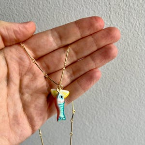 Handmade Clay Fish and Lemon Charm Necklace: Gold Plated or Gold Filled Chain