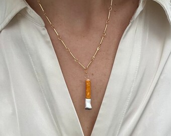 Cigarette Necklace, Gold Pendant Necklace, Clay Pendant Necklace, Ceramic Charm Necklace, Marlboro Necklace, Lucky Strike