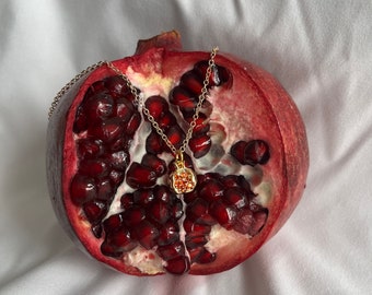 Pomegranate Necklace, Gold pomegranate with garnet jewels, fruit necklace, Greek necklace