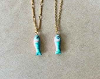 Handmade Clay Fish Pendant: Coastal Sardine Charm, Gold Plated/Filled Chain