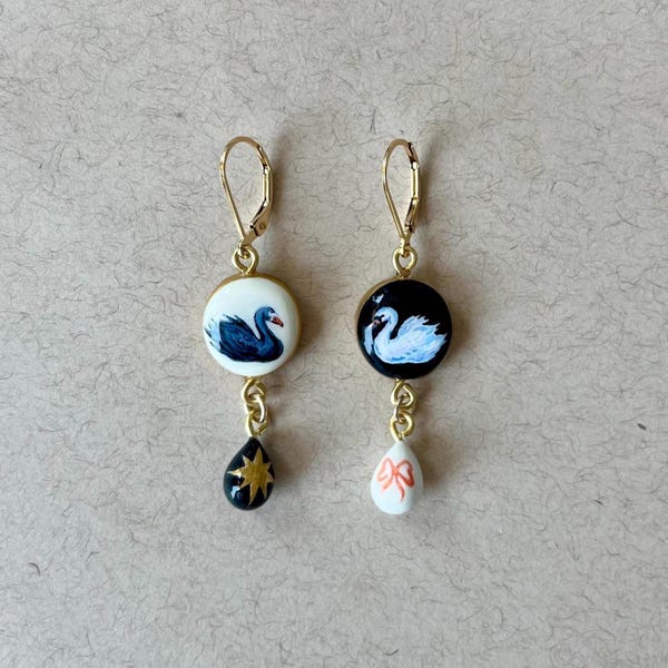 Black and White Swan Earrings - Gold Filled Lever Back Earrings with Handmade Clay Dangles