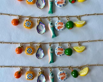 Handmade Clay Tapas Charm Necklace: European Summer Food Jewelry with Gold Plated or Gold Filled Chain Options