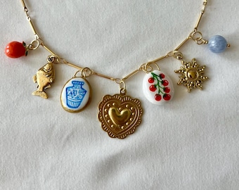 Summer Charm Necklace with Handmade Clay Tomato and Blue Chinoiserie Vase Charms: Handmade Clay, Gold Plated, Brass and Pewter Charms